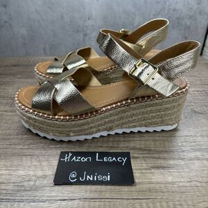 Soda~Women’s~Gold Platform Wedge Espadrille SANDALS Buckle Open Toe~Size 8.5